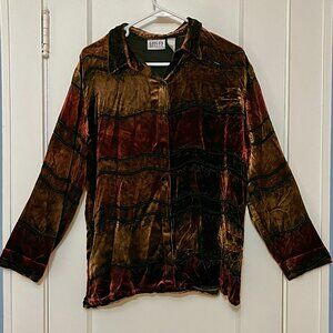 Chico's design silk rayon velvet button up blouse sheer detail size 2 = large
